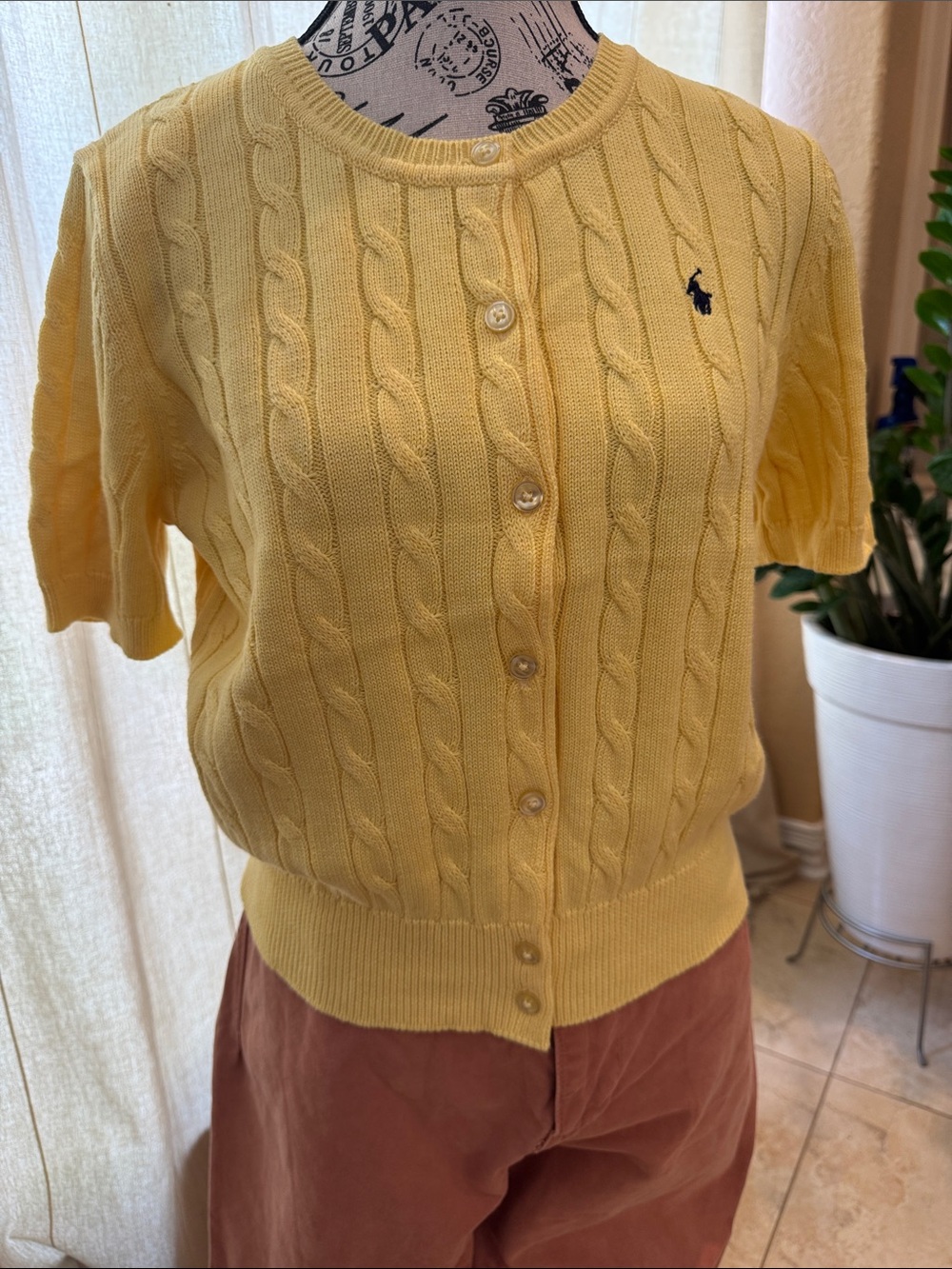 Ralph Lauren Yellow Cable Knit Short-Sleeve Cardigan Top